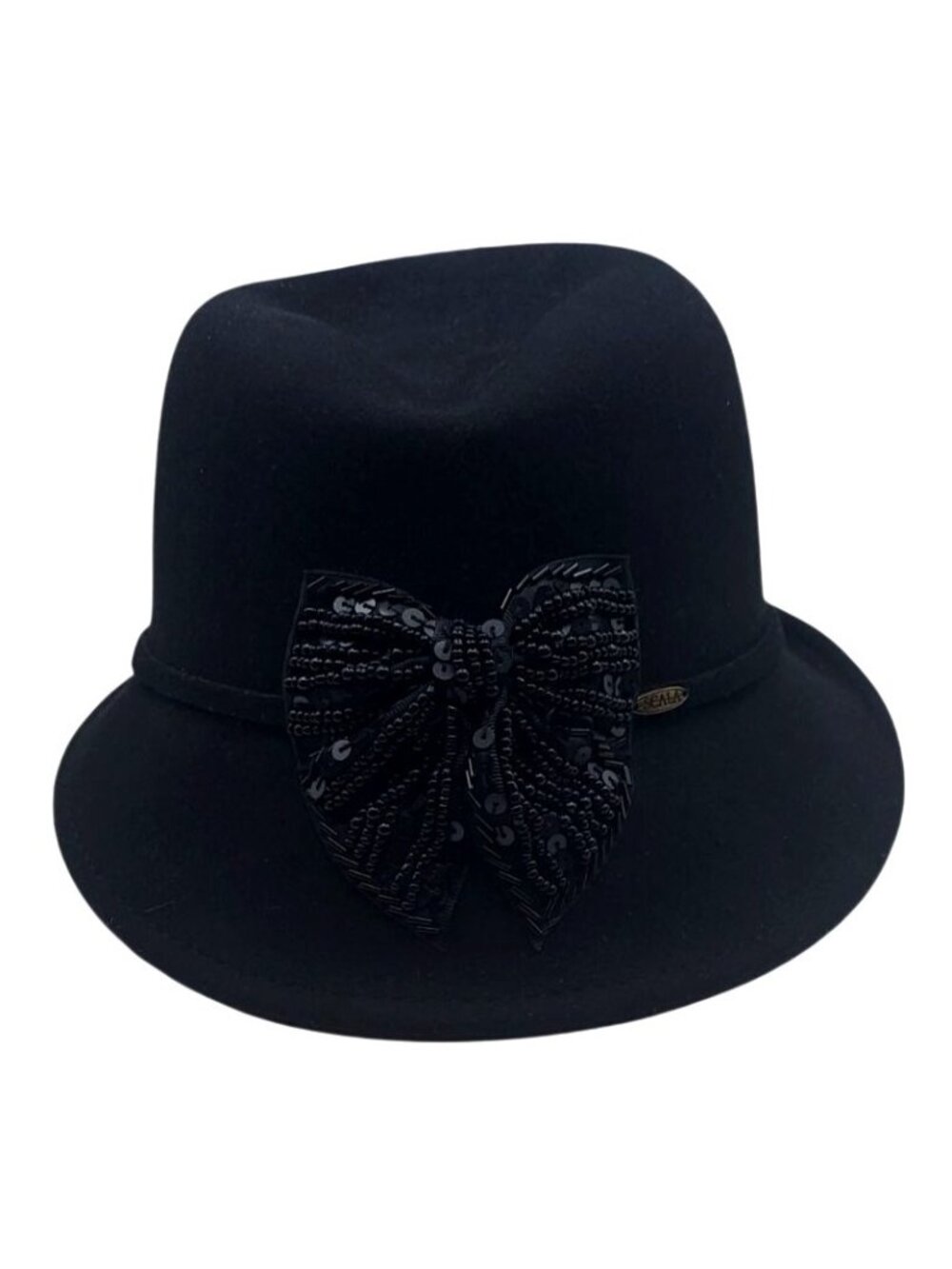 Women's Scala Black Wool Cloche Hat With Sequin Bead Embellished Bow Flapper